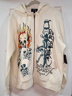 Ed Hardy Skull Flame Graphic Print Full Zip Hooded White Men's Hoodie Size Large